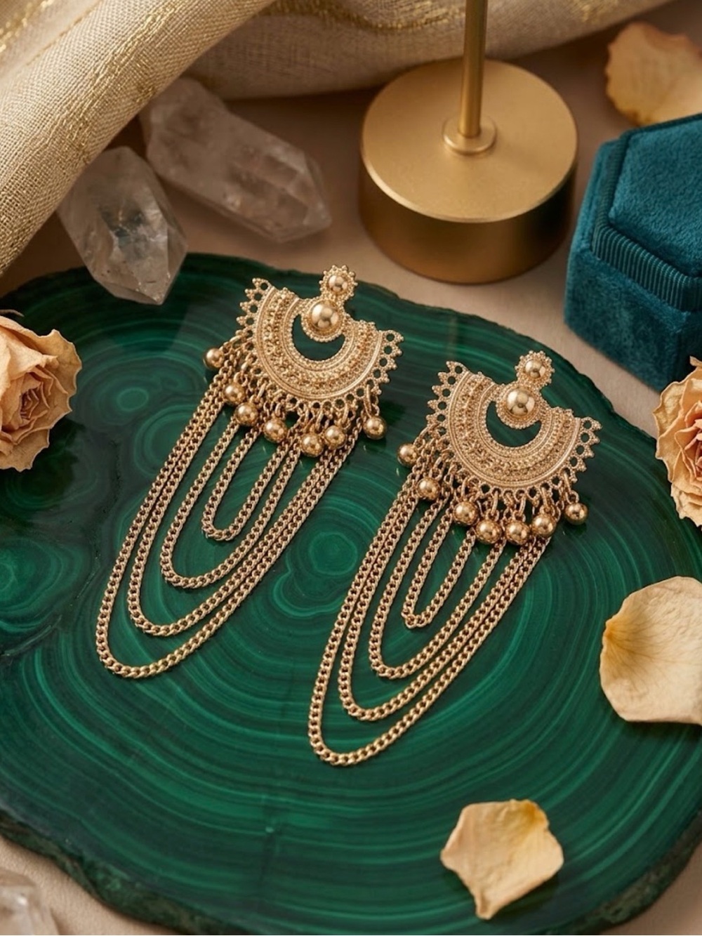 Ethnic Gold Dangle Earrings with Layered Chains and Bead Details